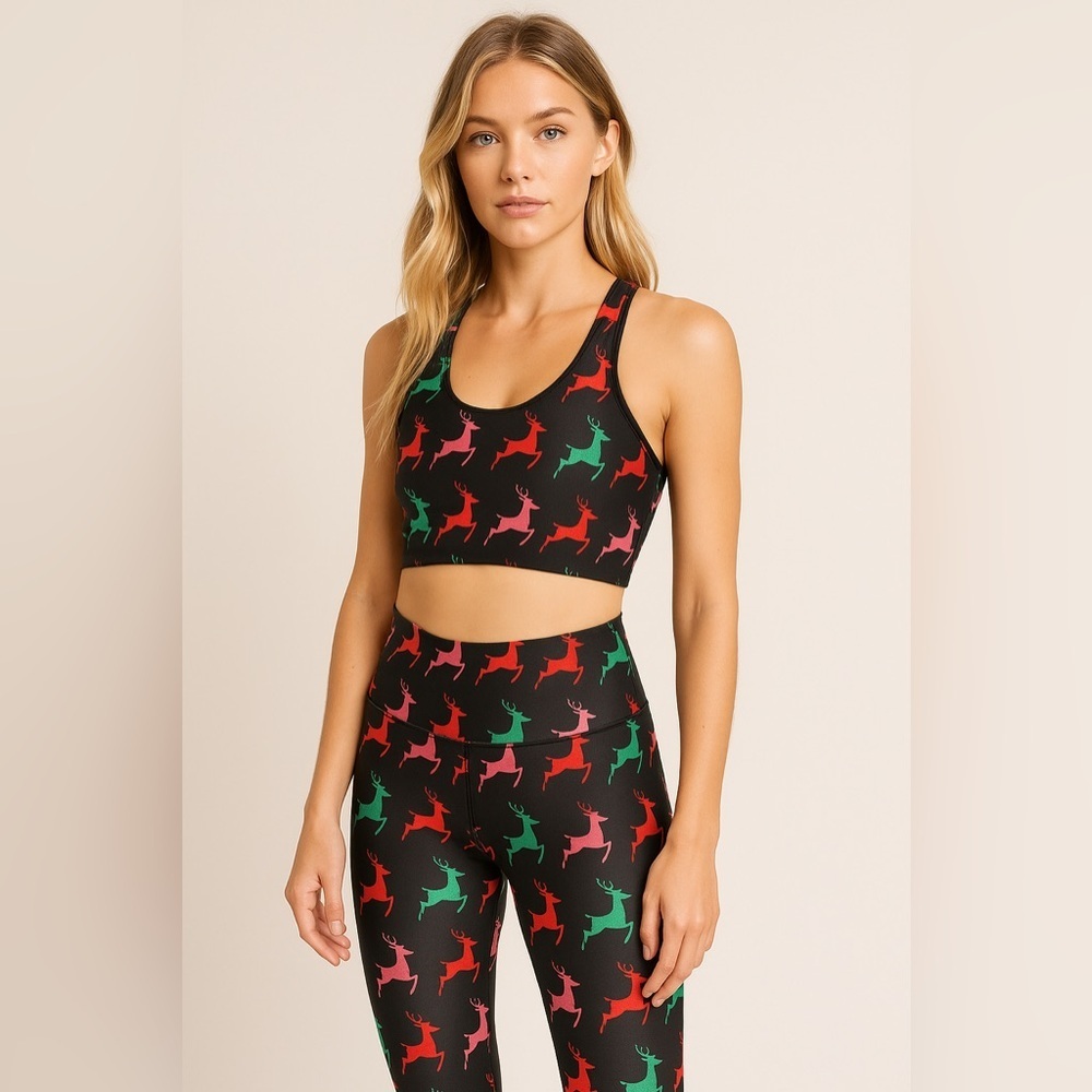 Goldsheep Holiday Reindeer Print Sports Bra Black Multi Size M